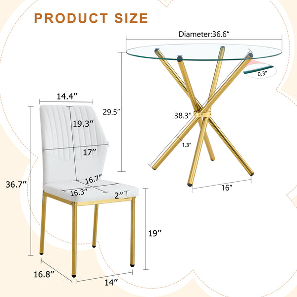 English Elm 4-Piece Modern Luxe Dining Set With Round Glass Table & Elegant White-Gold Chairs For Stylish Interiors W1151S03685