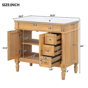 English Elm 36" Freestanding Bathroom Vanity Solid Wood Cabinet with Ceramic Sink and Soft Close Storage N729P300165N