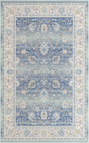 Unique Loom Whitney Bordeaux Machine Made Floral / Botanical Rug French Blue, Ivory/Light Blue/Gold/Gray/Light Green 5' 3" x 8' 0"