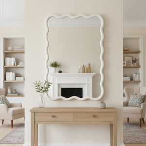 English Elm White 30"x40" Wavy Rectangle Solid Wood Frame Mirror - Tempered Glass, Rustic Chic Wall Decor for Entryway W2203P389066