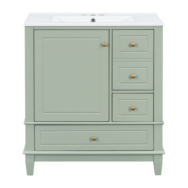 English Elm Christopher Knight Home® - 30" Freestanding Bathroom Vanity with Ceramic Sink, Soft-Close Door, Gold Knobs & 3 Drawers, Durable Painted Finish Light Green N759P225994G