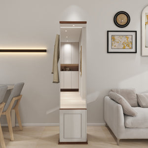 English Elm 360° Rotating Storage Cabinet with Full-Length Mirror, 8 Shelves, Hooks & Door Shelf, Antique White Elegance W1120P304293