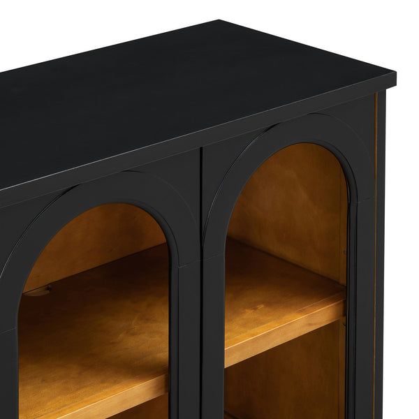 English Elm TREXM 4-Door Large Storage Buffet Cabinet with Glass Doors, Adjustable Shelves and Cable Port Black N715P247544B