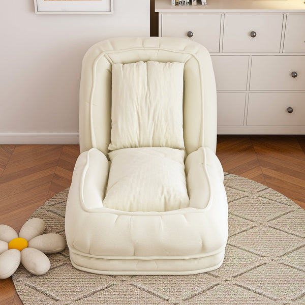 English Elm Upholstered Foldable Lazy Sofa Bed with 5 Recline Positions, Corduroy Tatami Chair with Pillows—Comfortable Space-Saving Lounge for Living Room and Bedroom Off White W2699P324227