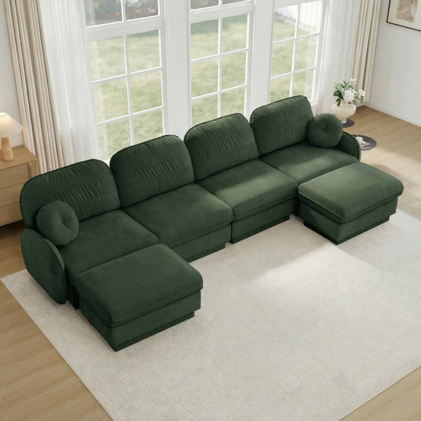 English Elm 137" Oversized U-shaped Chenille Sectional with Ottoman Quilted Cushions for Spacious Living Green W714S01773