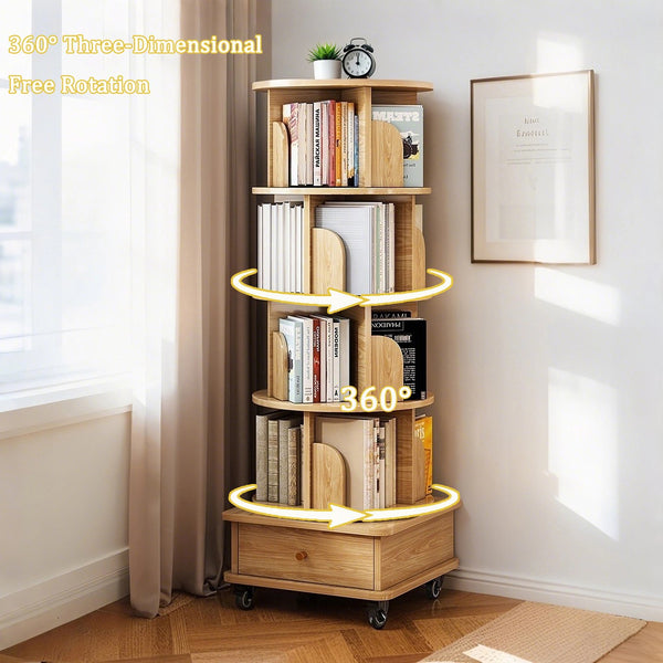 English Elm 5 Tier Rotating Bookshelf Tower with Curved Edges, 360° Smooth Spin, Stable Double-Layer Base, Space-Saving Storage Oak W3204P293695