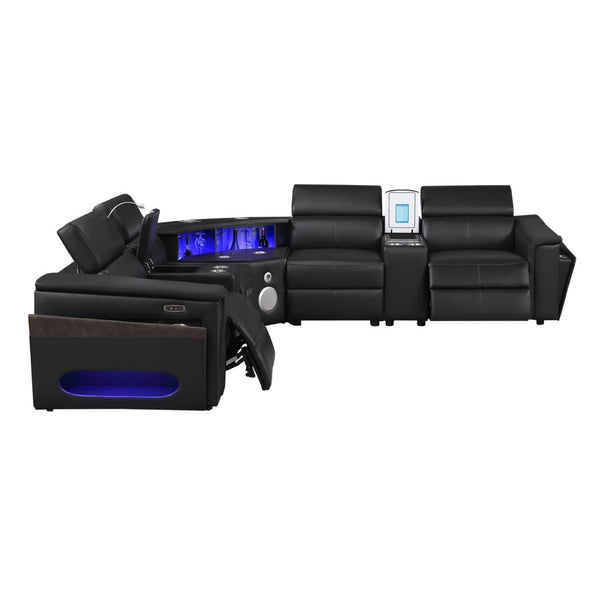 English Elm Nova Tech Sectional with Led Bar Bluetooth Speakers Power Recliners and Freezer Console Black B009S02165