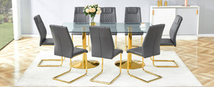 English Elm Table and Chair Set 8 Seater Tempered Glass Top with Pu Leather Dining Room Furniture Dark Gray,Gold,Transparent W1151S04563
