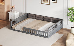 English Elm Wood Full Size Upholstered Platform Bed with Guardrail and Head Pillow, Sleek Silhouette, Sturdy 600lb Capacity Gray WF323090AAE