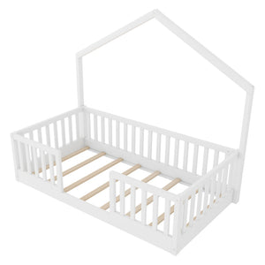 English Elm Twin Montessori Floor Bed House Frame with Led Lighting and Safety Rails for Kids White W2593P440594