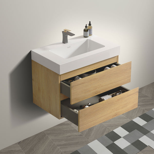 English Elm U041-Alice30-106 Alice 30" Natural Oak Wall-Mounted Vanity with Integrated Solid Surface Sink, Soft-Close Drawers W1865S00041