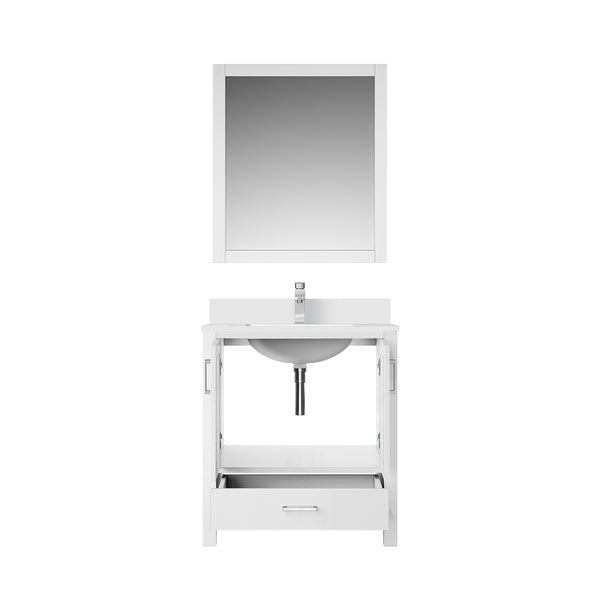 English Elm White Bath Vanity 30" W x 22" D with White Quartz Scratch-Resistant Top, Chrome Faucet & 28" Mirror B2731S01249