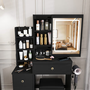 English Elm Modern Vanity Desk with Led Lighting Four Drawers Glossy Mdf and Dressing Chair W509P465829
