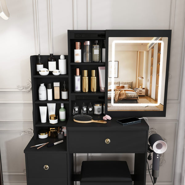 English Elm Modern Vanity Desk with Led Lighting Four Drawers Glossy Mdf and Dressing Chair W509P465829