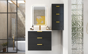 English Elm 24inch Bathroom Vanity with Sink - Wall-Mounted Floating Combo with Ceramic Basin, Modern L-Handle Design Black N710S324097B