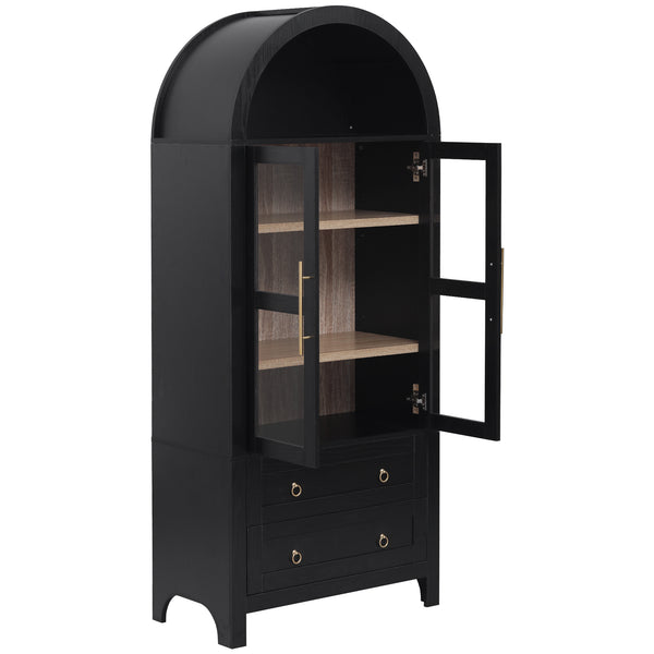 English Elm K&K 71" Arched Kitchen Pantry Cabinet with Glass Doors, Adjustable Shelves, Soft-Close Drawers Black N707P288972B