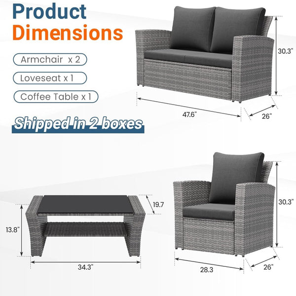 English Elm 4-piece Outdoor Wicker Conversation Set with Tempered Glass Table and Resort Style Black+Brown B082S00058