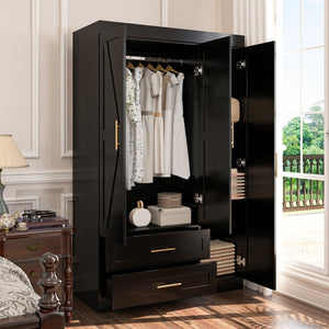 English Elm Shaker Three Door Wardrobe Armoire with Hanging Rod and Shelves for Bedroom Black T3210S00006