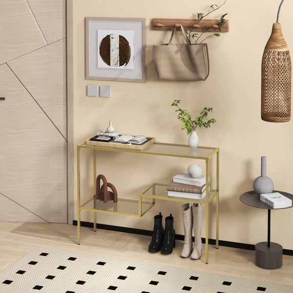 English Elm HOMCOM Gold Console Table 39" Tempered Glass Narrow Entryway Table with 3 Shelves, Steel Frame elegant stabilization W2225P217214