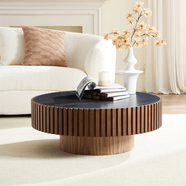 English Elm 35.43'' Modern Nesting Round Sintered Stone Tabletop — Compact Pedestal Coffee Table for Apartments Walnut W876P262230