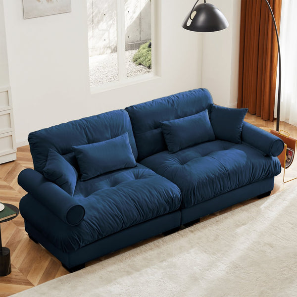 English Elm Large Velvet Two-Seater Sofa with Bolstered Armrests, Deep Cloud Seat, Waist & Throw Pillows, Chic Blue W714S01113