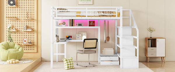 English Elm Full Size Loft Bed With Integrated Led, Workspace & Storage, Stylish Metal Frame For Kids' Rooms W2593S00018
