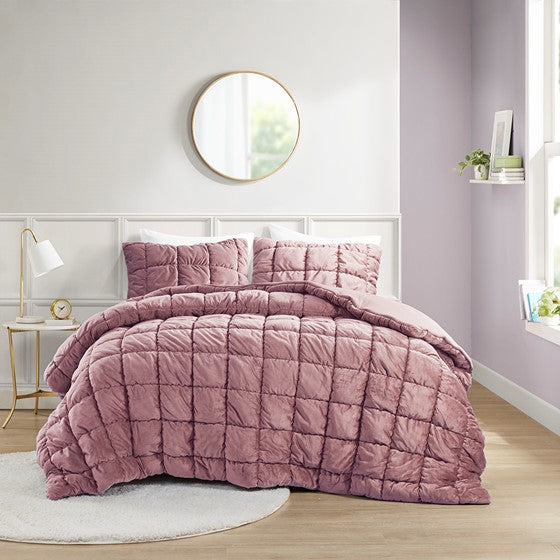 English Elm Full/Queen Plush Velvet Comforter Set with Box Quilting & Down Alternative Fill for Cozy Bedrooms Pink 22.05 L x 19.68 W x 14.57 H B035P203238