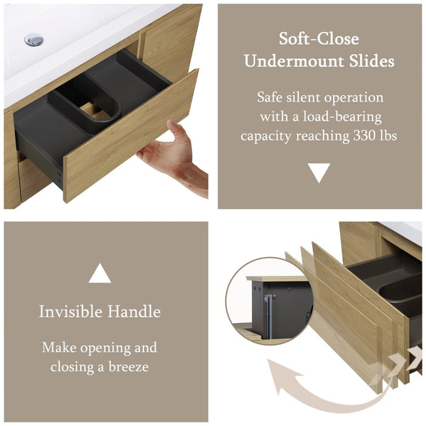 English Elm 48" Floating Bathroom Vanity Wall Mounted Timber Cabinet with Resin Sink Soft Close Oak W1573P152702