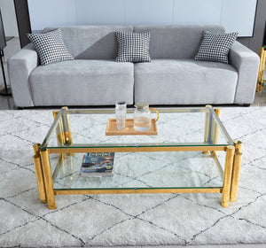 English Elm 47" Modern Stainless Steel Coffee Table With Clear Glass Top & Two-Tier Storage For Home Or Office W2978S00005