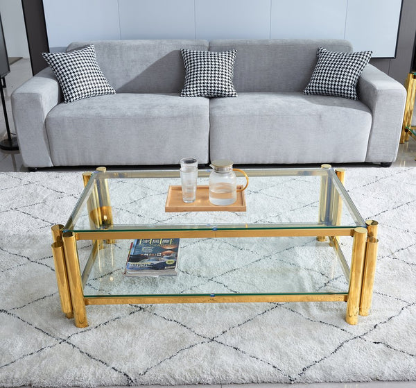 English Elm 47" Modern Stainless Steel Coffee Table With Clear Glass Top & Two-Tier Storage For Home Or Office W2978S00005