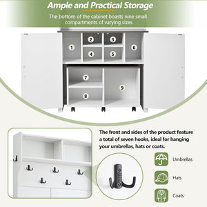 English Elm On-Trend Farmhouse 4-In-1 Hall Tree With Movable Bench, 7 Hooks, Shoe Storage & Barn Doors, White N721P205788K-GIGA