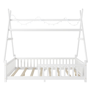 English Elm Full House Kids House Bed with Roof & Fence, Low Floor Solid Pine Frame, Stylish Nightlight Ready White 80.91 L x 15.55 W x 6.5 H W2593P296919