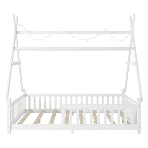 English Elm Twin Montessori Floor Bed House Frame with Led Lighting and Safety Rails for Kids White W2593P440589