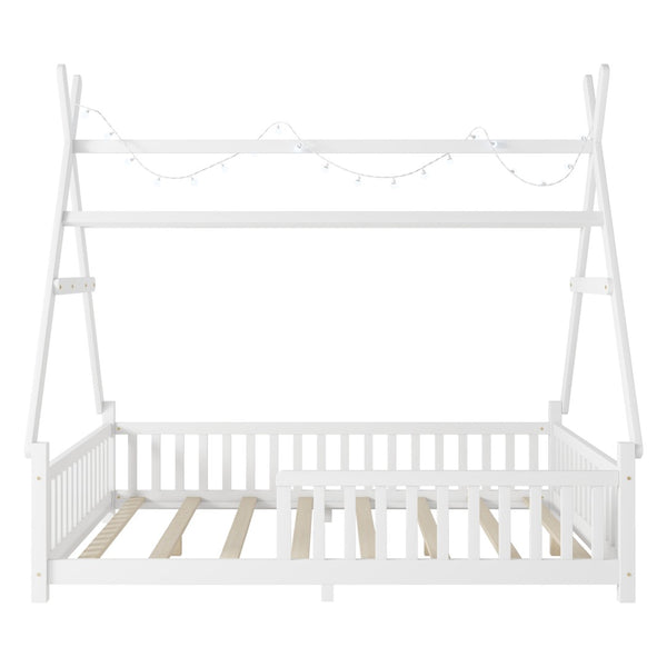 English Elm Twin Montessori Floor Bed House Frame with Led Lighting and Safety Rails for Kids White W2593P440589