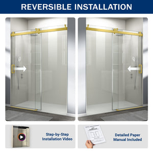 English Elm 56" Frameless Sliding Shower Door Tempered Glass Soft Close Brushed Gold Hardware W1573P203105