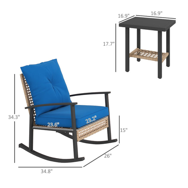 English Elm Patio Pe Rattan Rocking Chair Set with Tufted Cushions and Matching Coffee Table Blue T3971P419117