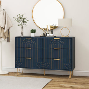 English Elm Modern 6 Drawer Dresser with Gold Metal Handles, Anti-Tip Design, Smooth Slide Drawers for Bedroom Dark Blue W688P170447
