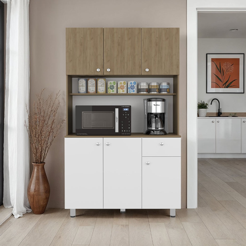 English Elm Lehr Tall White Pantry Cabinet with Six Doors One Drawer and Vertical Kitchen Storage B097S00250