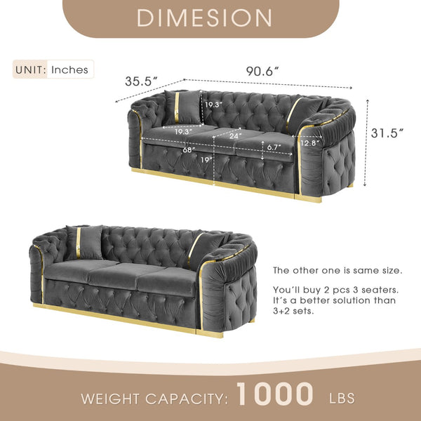 English Elm 2pcs Italian Velvet Chesterfield Sofa Set Tufted Three Seater with Gold Steel Legs Gray W1191S00070