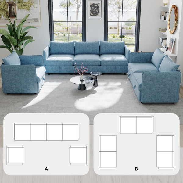 English Elm Modular Sectional Sofa Set with Hidden Storage Pocket Spring Living Room Couch Antique Blue W680S00140