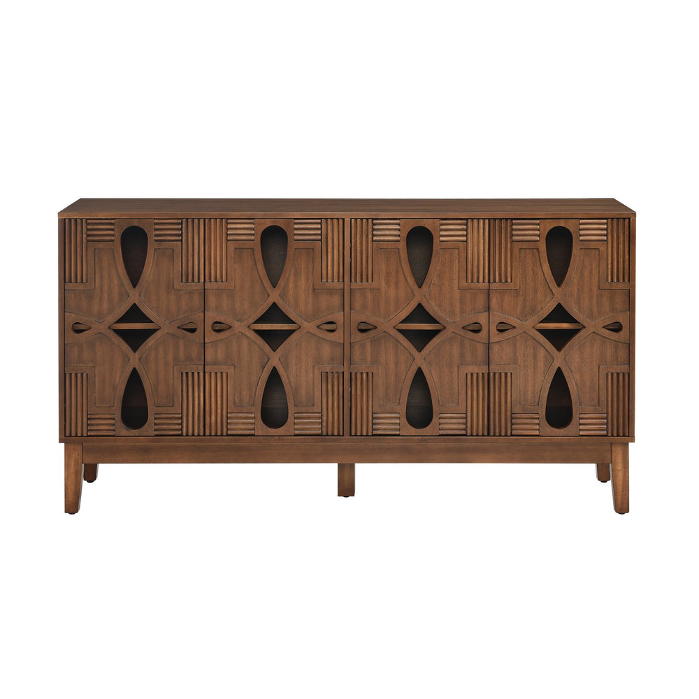 English Elm 60.5" Mid Century Sideboard Buffet with 4 Doors, Adjustable Shelves, Outlet Holes — Walnut TV Console W1801P224330