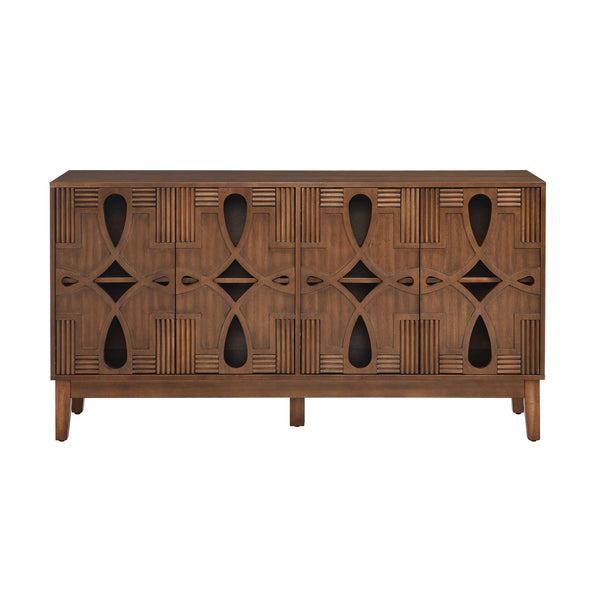 English Elm 60.5" Mid Century Sideboard Buffet with 4 Doors, Adjustable Shelves, Outlet Holes — Walnut TV Console W1801P224330