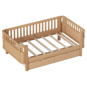 English Elm Twin Solid Wood Platform Bed with Guardrail for Kids, Low-Profile Sturdy Pine Frame, Safe Sleep Solution Natural 69.69 L x 18.5 W x 7.68 H W2593P331680