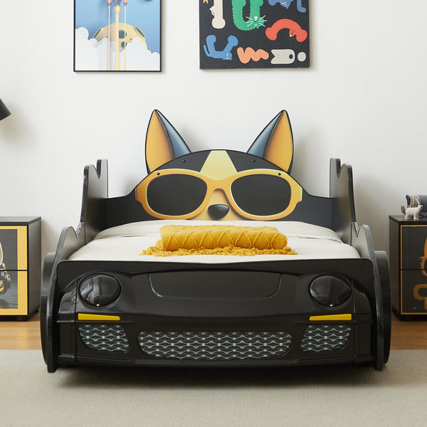 English Elm Cool Cartoon Car Bed with LED Headlights, Black & Yellow Racing Dog Design, Safe Rounded Rails, Sturdy MDF Frame for Kids W2237S00018