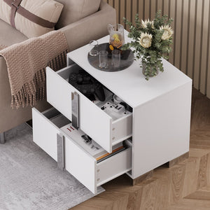 English Elm Modern Two Drawer Nightstand with Slim Metal Legs and Mirrored Bar Handles for Bedroom White W5271P416538