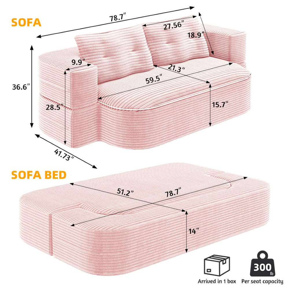 English Elm 78.7" Plush Corduroy Convertible Sleeper Sofa with Tufted Back and Foldable Floor Bed Baby Pink W3219P410144
