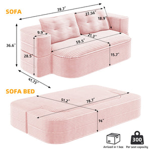 English Elm 78.7" Plush Corduroy Convertible Sleeper Sofa with Tufted Back and Foldable Floor Bed Baby Pink W3219P410144