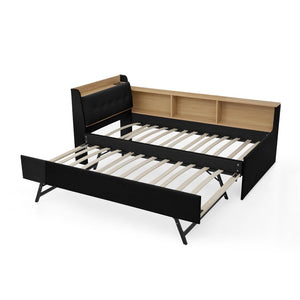English Elm Twin Size Velvet Daybed With Adjustable Height Headboard, Storage, Trundle & Led Lights - Black W1413S00112-GIGA