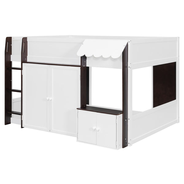 English Elm Twin House Loft Bed with Pull Out Rolling Desk Stair Drawers and Cabinet Storage Espresso+White N820S00074P