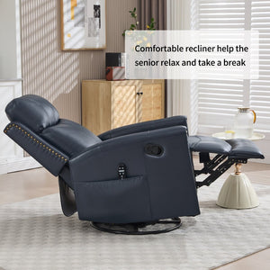 English Elm Blue Genuine Leather Rocker Swivel Recliner with Massage Heat for Living Room W1803P323714